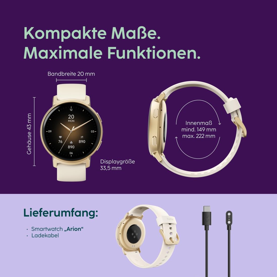 Hama | Reloj Inteligente Mujer con GPS y Llamadas. (smartwatch amoled, pulsómetro de muñeca, ip68 Impermeable, podómetro Contador de Pasos) Oro.
