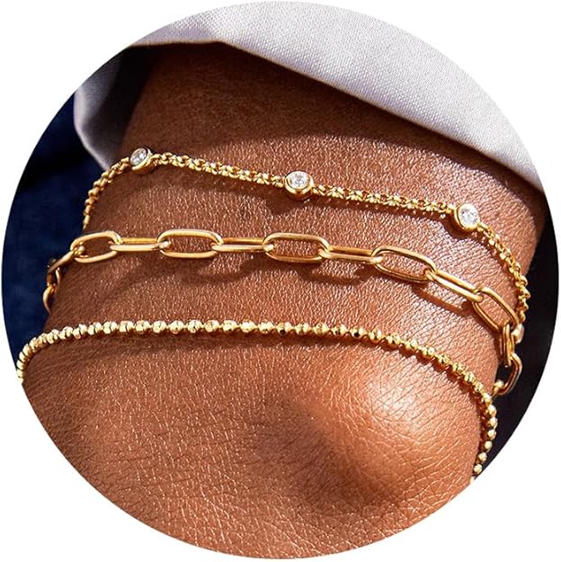 Bracelet for Women - Dainty Stack Bracelets Trendy Adjustable 14K Gold Plated Thin Paperclip Bead Box Satellite Figaro Cuban Link Chain Bracelet Set for Women Waterproof Jewelry Gift