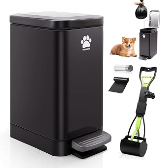 Dog Poop Trash Can Outside with Poop Scooper for Dogs, 12L/3.2Gal Metal Outdoor Garbage Can with Lid Suitable for Small, Medium and Large Dogs Tungsten Steel