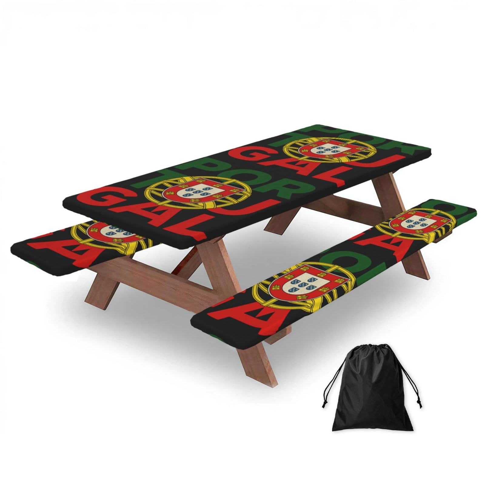 Zyjhyy Black Portugal Flag Print Party Table Covers With Bench Covers Set Of 3 Picnic Table Cloth Wipe Clean For Garden Camping