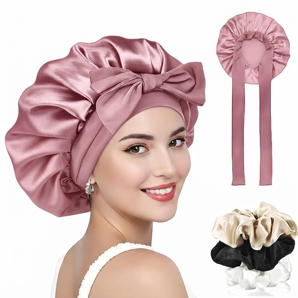 Satin Sleep Bonnet Cap for Women with 3 Scrunches, Adjustable Hair Cap for Sleeping, Bonnet for Curly Hair with Wide Tie Band (RoseTaupe)-picture-56
