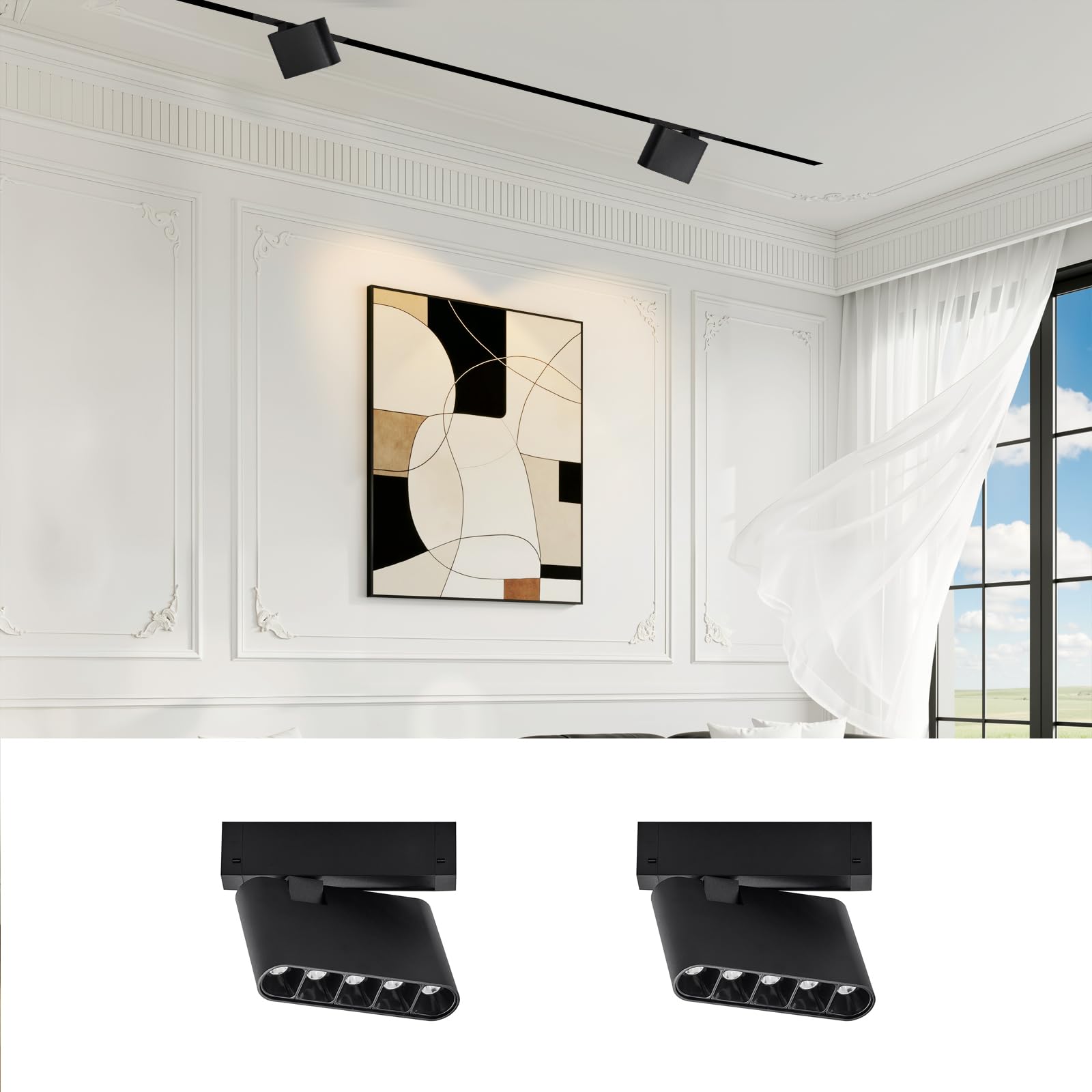 SCON Lot de 2 Têtes d'éclairage linéaires orientables à fixation magnétique 7W, Spot LED orientable 24V 3000K-6000K dimmable, Lampes pour rails encastrés, Adapté aux salons, cuisines