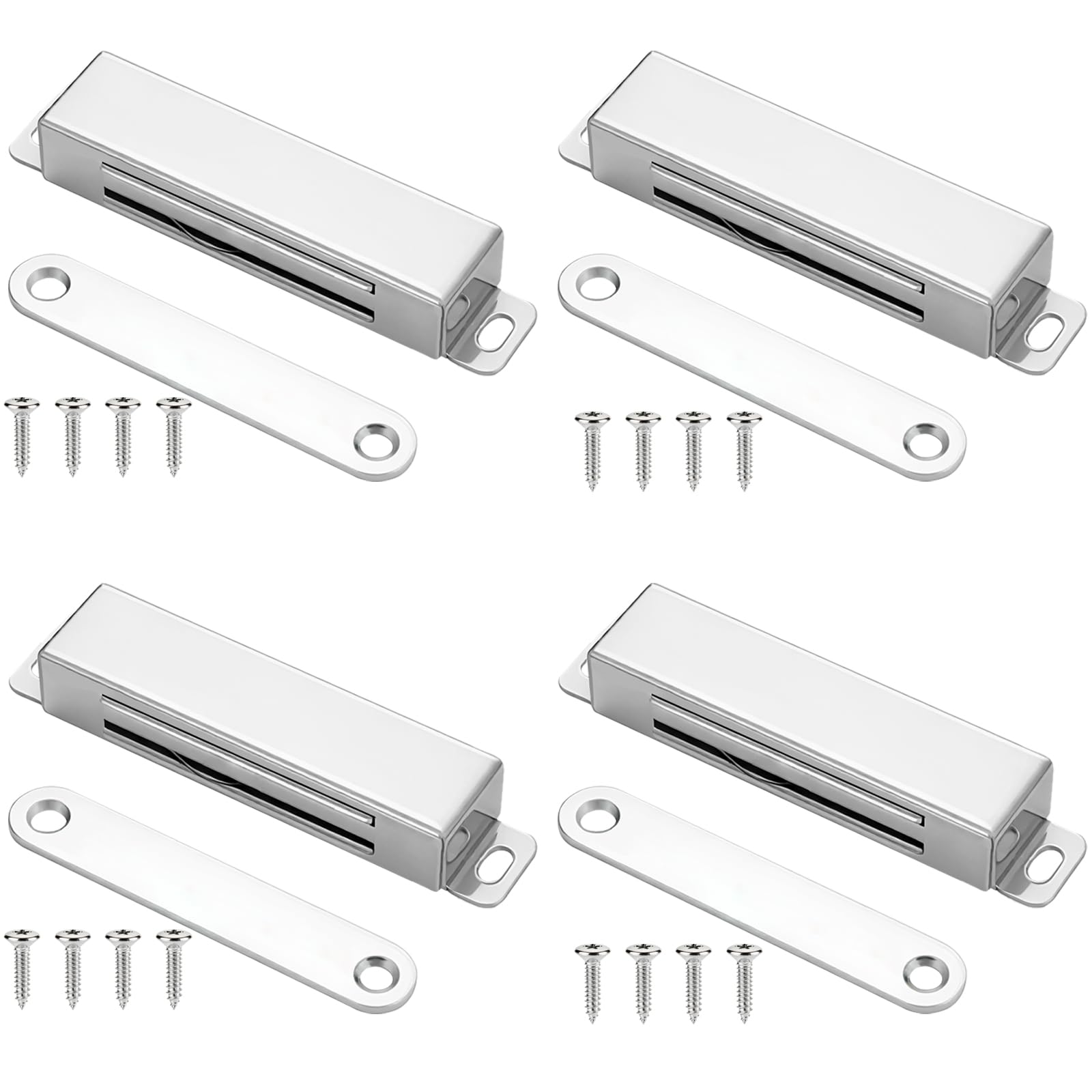 4 Pcs Magnetic Door Catch, 40kg Heavy Duty Strong Magnetic Catch, Magnetic Door Lock, Stainless Steel Door Magnet, for Internal Doors, Wardrobes, Kitchen Cupboards—Silver