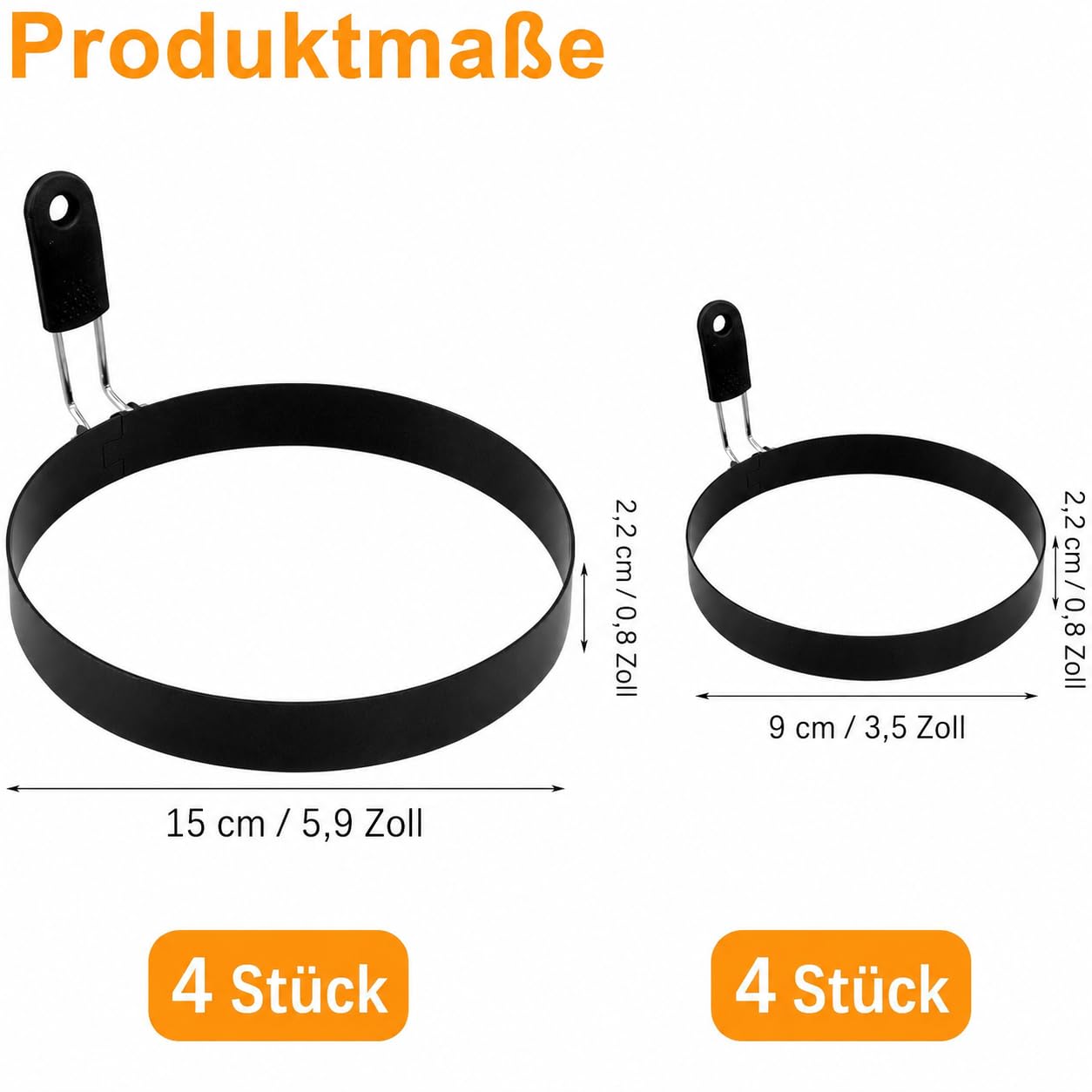 8 Stück Spiegeleiform Edelstahl Ei Ring, 4 x 9cm & 4 x 15cm Pancake Ringe Antihaft, Eierringe mit Griff, Egg Ring Molds für Spiegeleier, Sandwiches, Pfannkuchen, Hackbraten