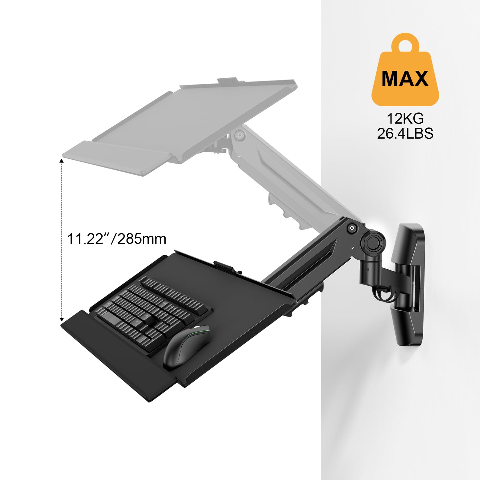Supporto da parete per tastiera, mouse e supporto per monitor, piattaforma di digitazione regolabile in altezza, supporta fino a 12 kg, nero