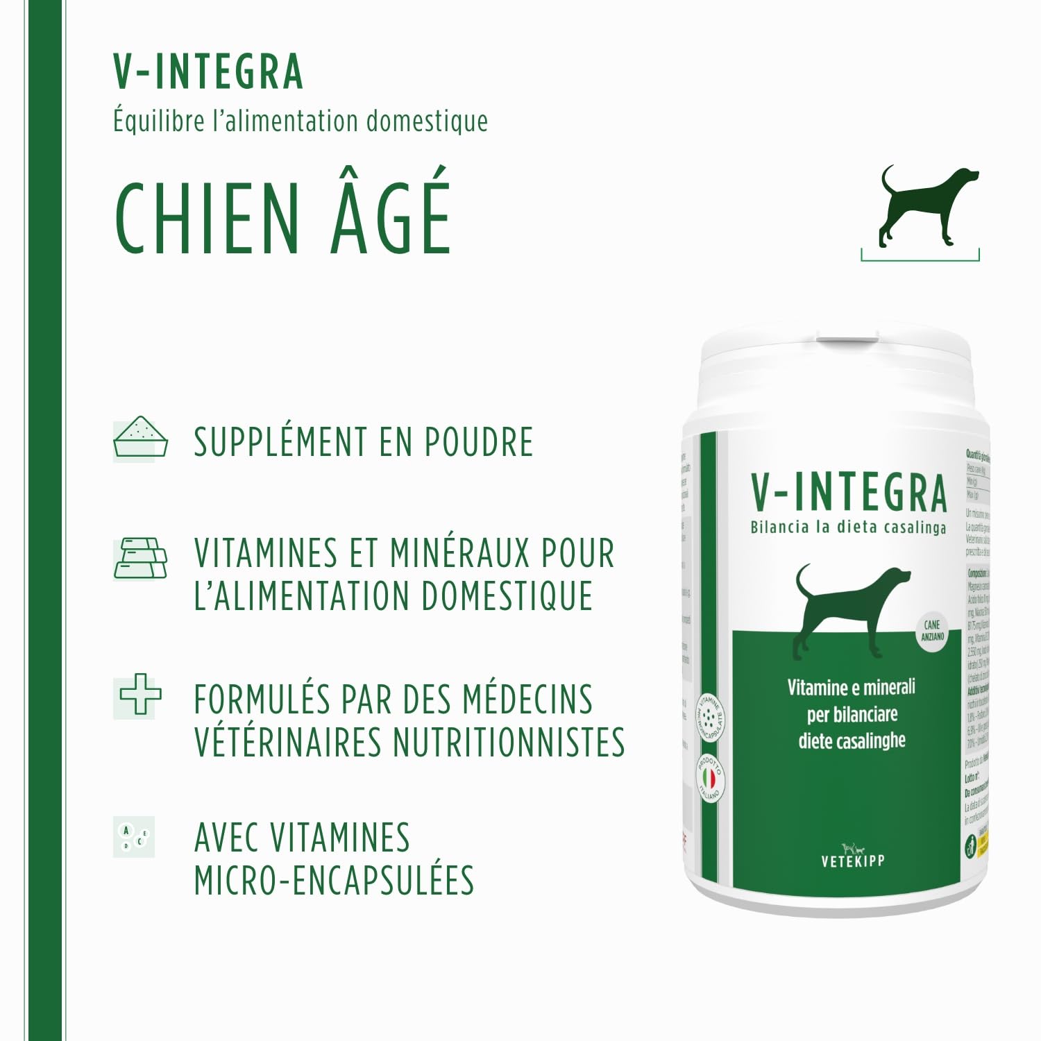 V-INTEGRA Chien Agé - Supplément Complet Riche en vitamines et minéraux pour la Ration ménagère et Barf des Chiens âgés - 200 g - Produit en Italie
