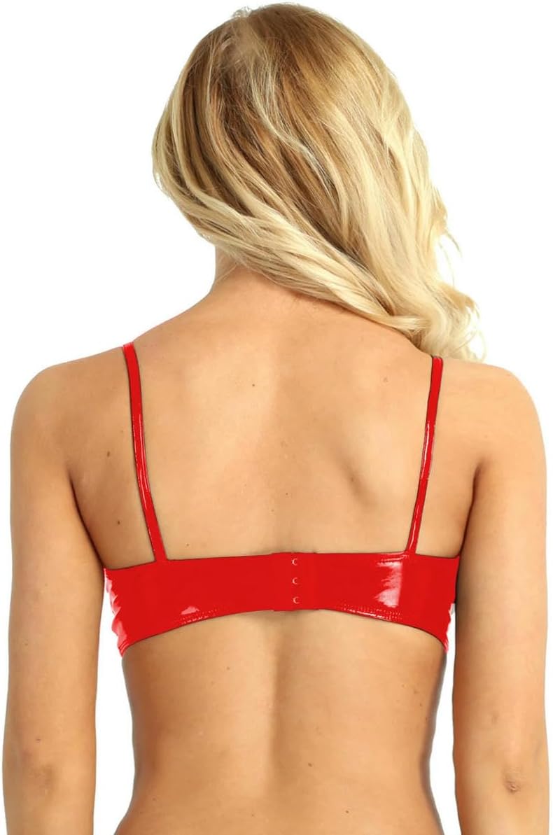 Womens Lingerie Bra Tops Faux Leather Reflective Wire-Free No Pad Bra Top
