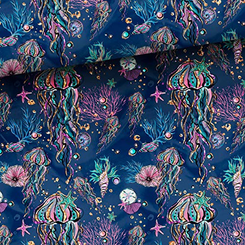50x150cm Unterwasserwelt Baumwollstoff - Damen und Kinderstoffe aus 100% Baumwolle - Stoffe zum Nähen für Kinder - Meerestiere Muscheln Fische Kinderstoff - Premium Baumwollstoffe - keine Meterware