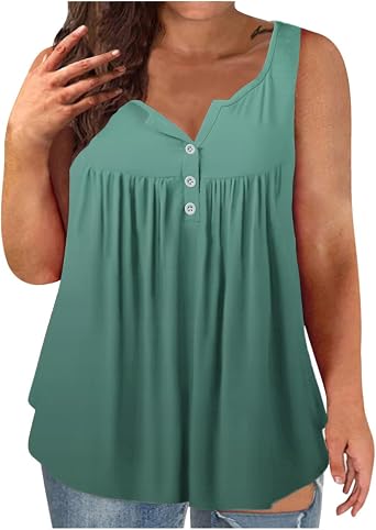 Womens Casual Tank Tops Quarter Button V-Neck Daily Wear T-Shirt Loose Sleeveless Pleated Classic Camisole 2025
