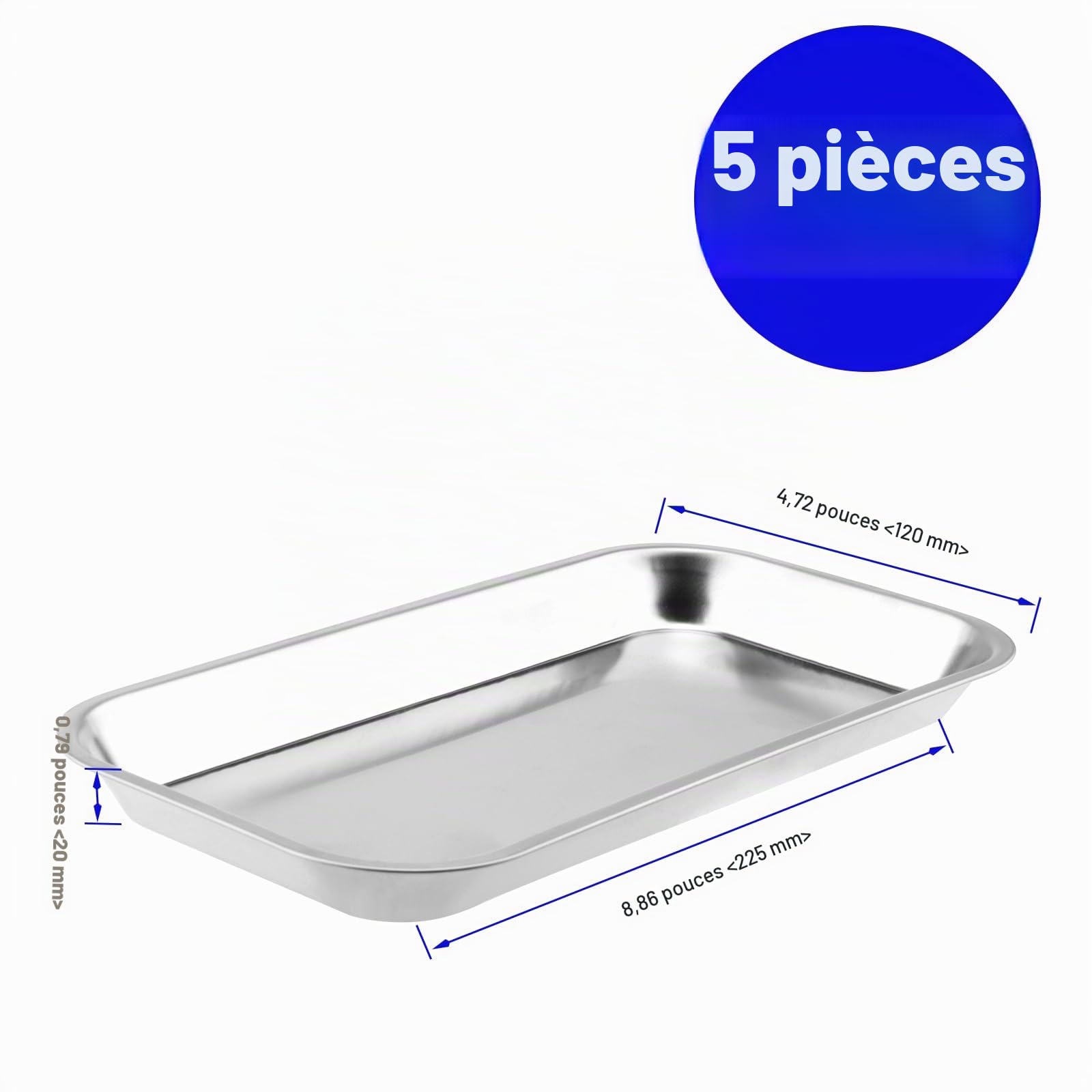 Lot de 5 plateaux à instruments - 22,5 x 12 x 2 cm - En acier inoxydable - Petit plateau rectangulaire en acier inoxydable - Pour plateaux de pansement, appareils de laboratoire et pinces
