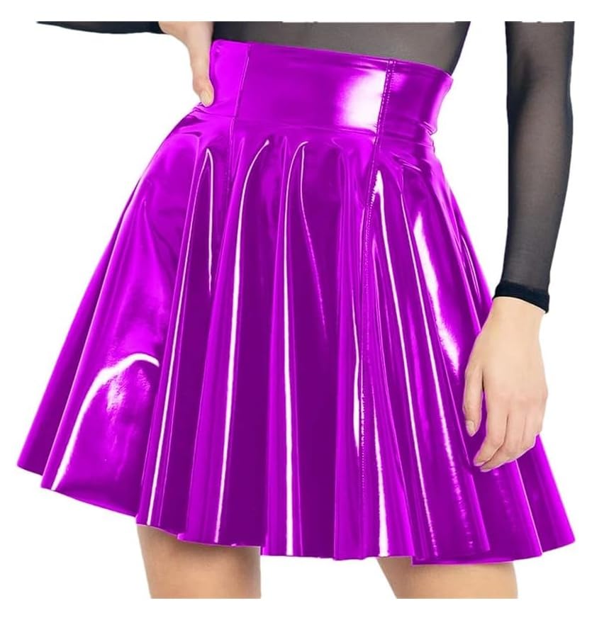 Women's High Waist Bright Leather Mini Skirt Flared Pleated A Line Circle Skater Clubwear