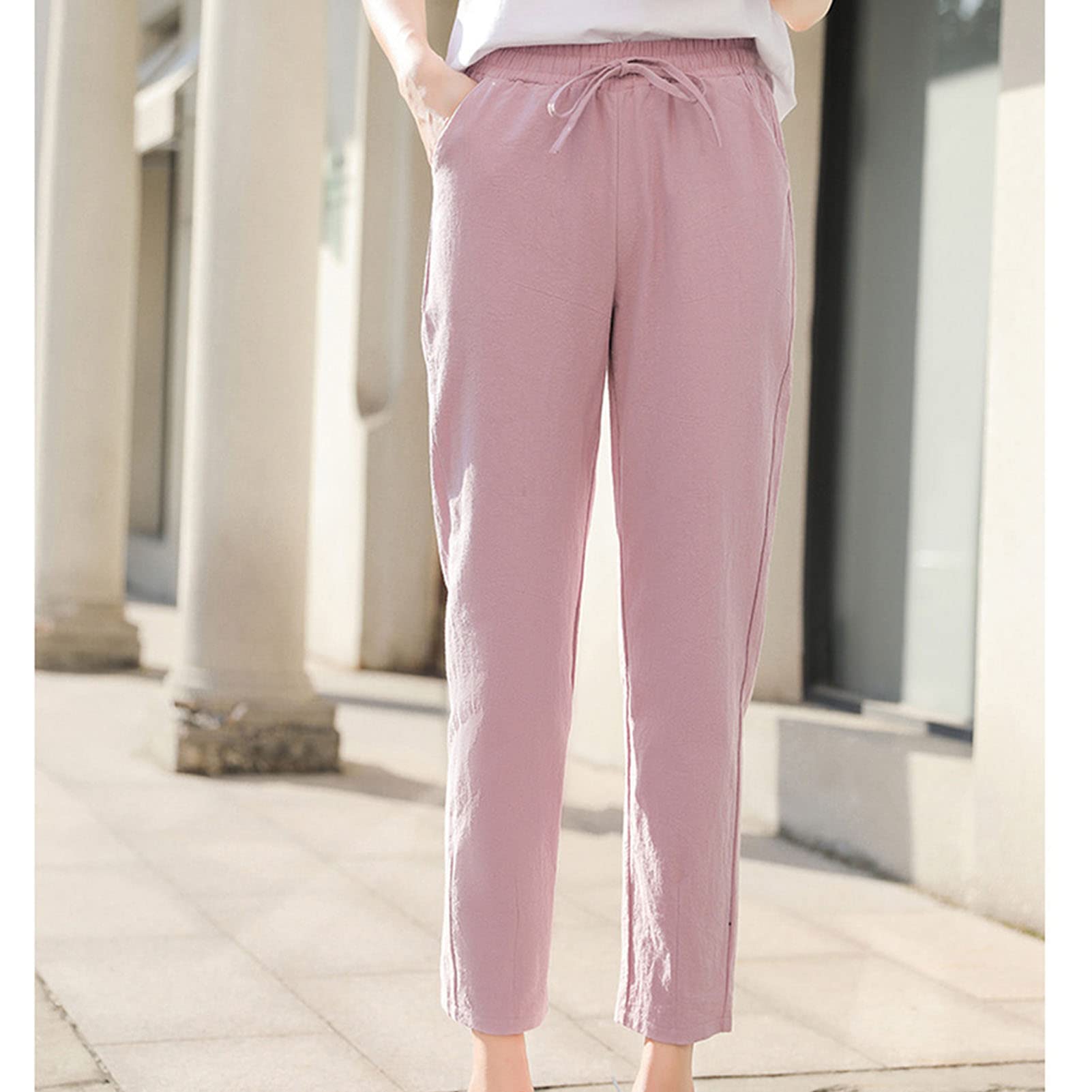Maiyifu-GJ Women's Cotton Linen Pants Casual Elastic High Waisted Beach Pant Drawstring Tie Loose Trousers with Pockets (Pink,Medium)