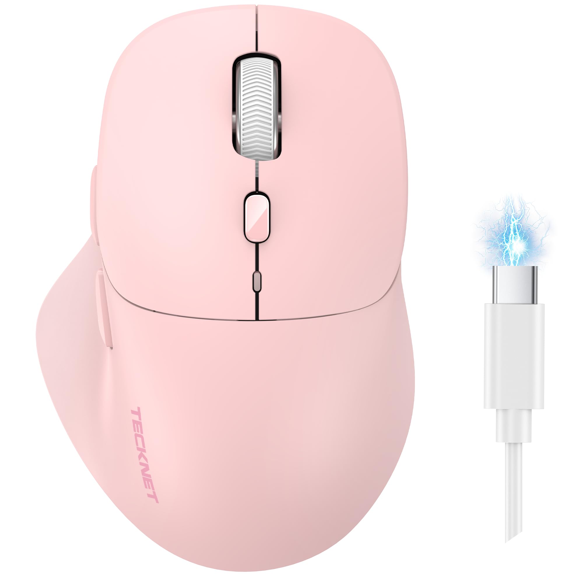 TECKNET Wireless Mouse Bluetooth 5.0/3.0 &amp; 2.4G Rechargeable, Silent Clicks, Adjustable 4800 DPI, 6 Buttons, Ergonomic Design, Bluetooth Mouse for Laptop, Computer, ipad - Pink