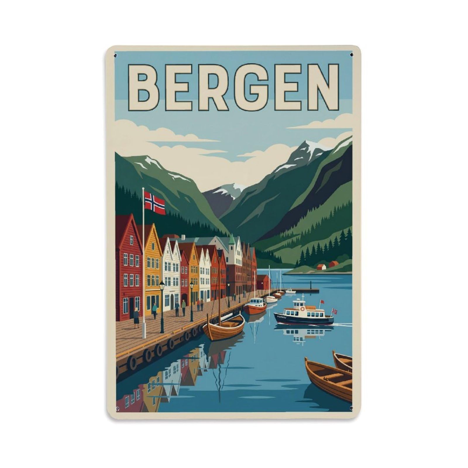 Cmhok Vintage Style Vintage Travel Bergen Norway Metal Tin Sign Wall Decor For Cafe, Club, Garden Metal Poster 8X12inch