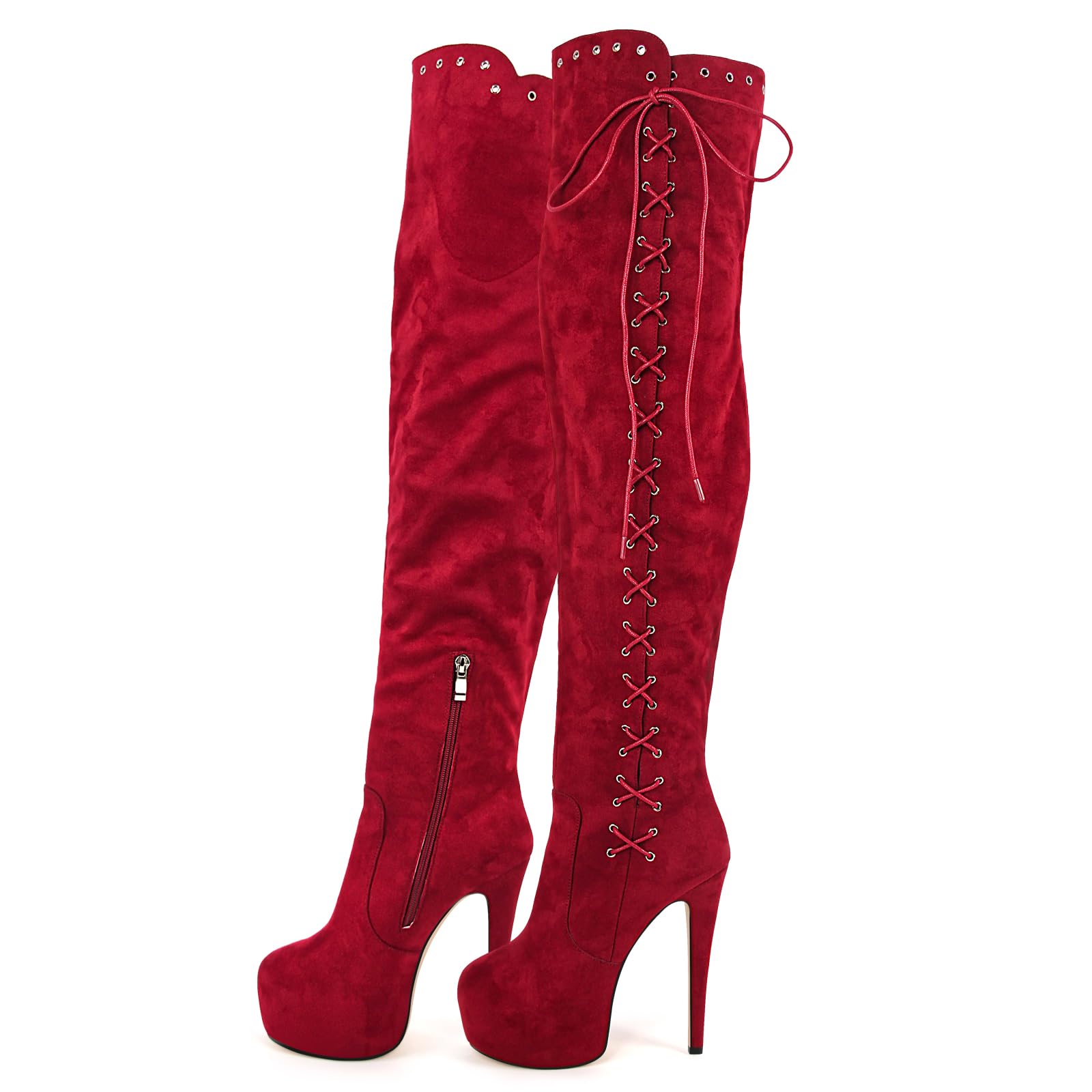 Womens Lace Up Strappy Boots Side Zipper Stilettos Platform Over the Knee High Boots