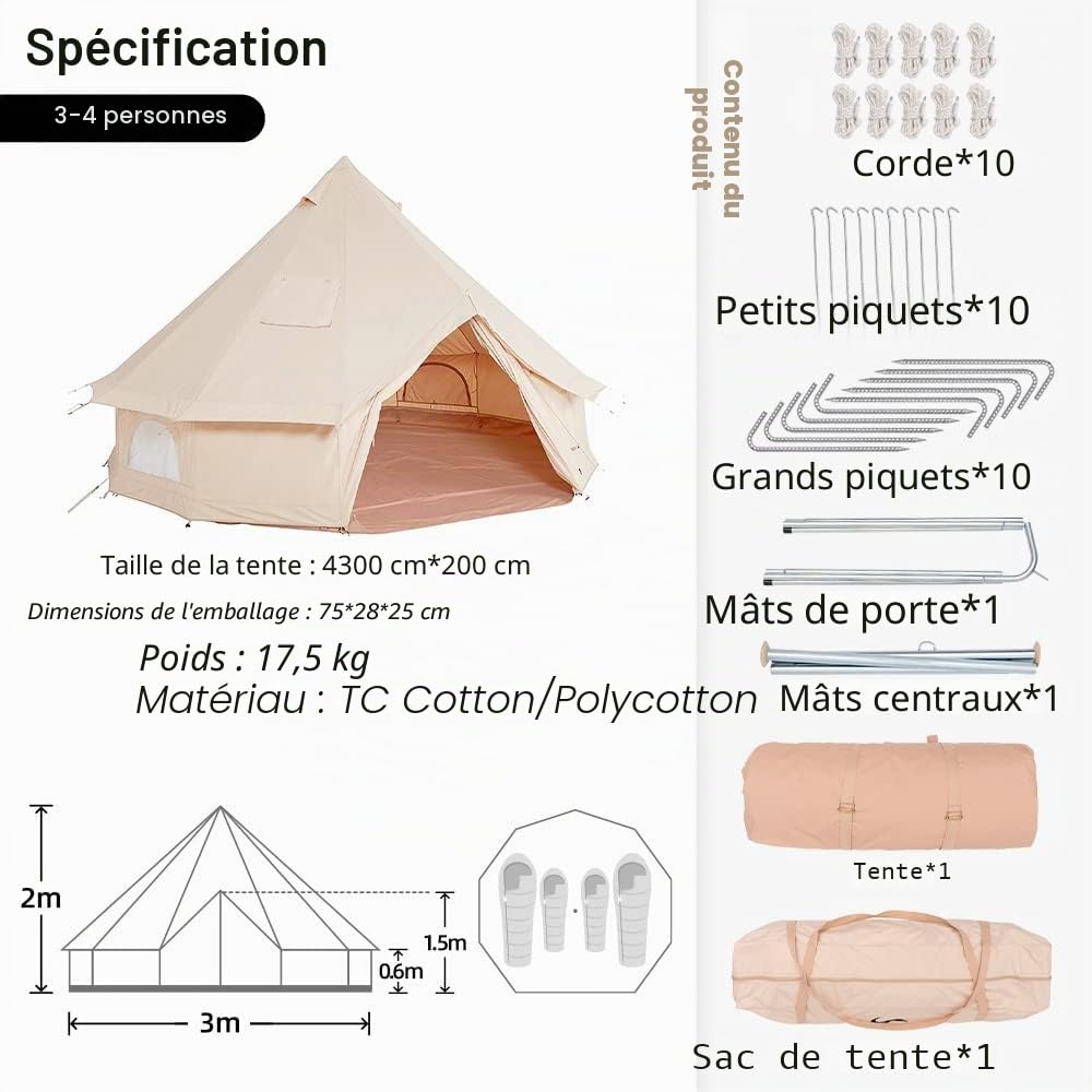 TOMOUNT Bell Tente 3m 4m Cloche Grand Espace familiale avec Fermeture éclair dans Tapis de Sol et Trou de Cuisson pour l'extérieur, randonnée, Carnaval, fête, Chasse, Pique-Nique Beige