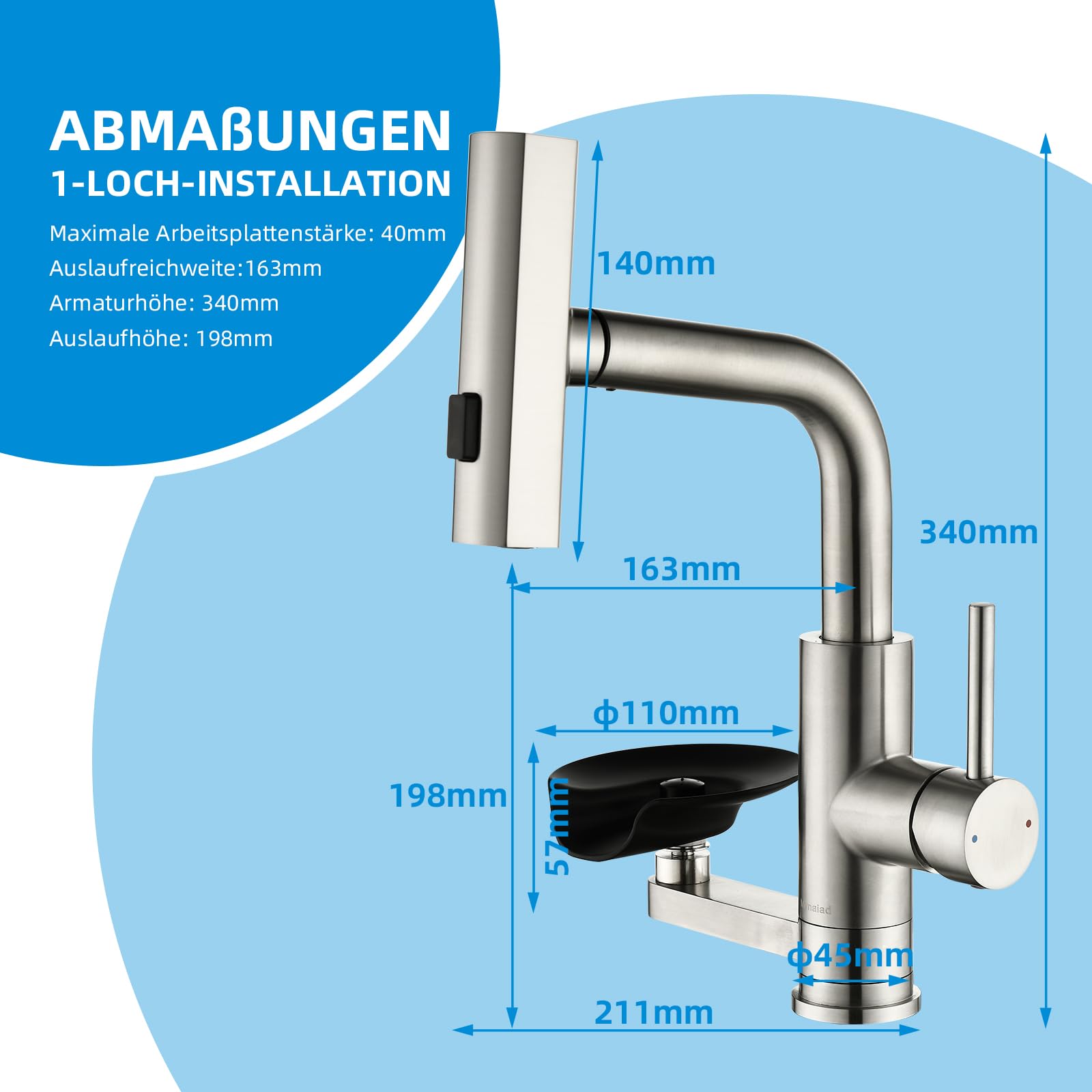 Küchenarmatur Wasserhahn Küche Glasspüler, Ausziehbar 3 Strahlarten | Spültischarmatur Küche Mynaiad mit Glasspüler, 3 Auslauf-Modi, 360°-Drehung, Schwarz 304 Edelstahl, für Küche, Bad und Bar