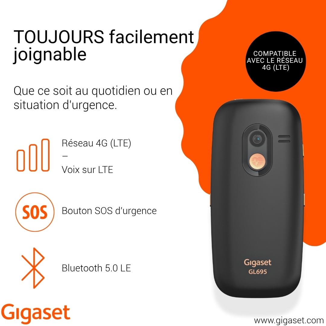 Gigaset GL695 téléphone Senior à Grandes Touches 4G Volte écran IPS 2,31" Batterie 1400 mAh Audio Boost Touche SOS Bluetooth 5.0 Noir