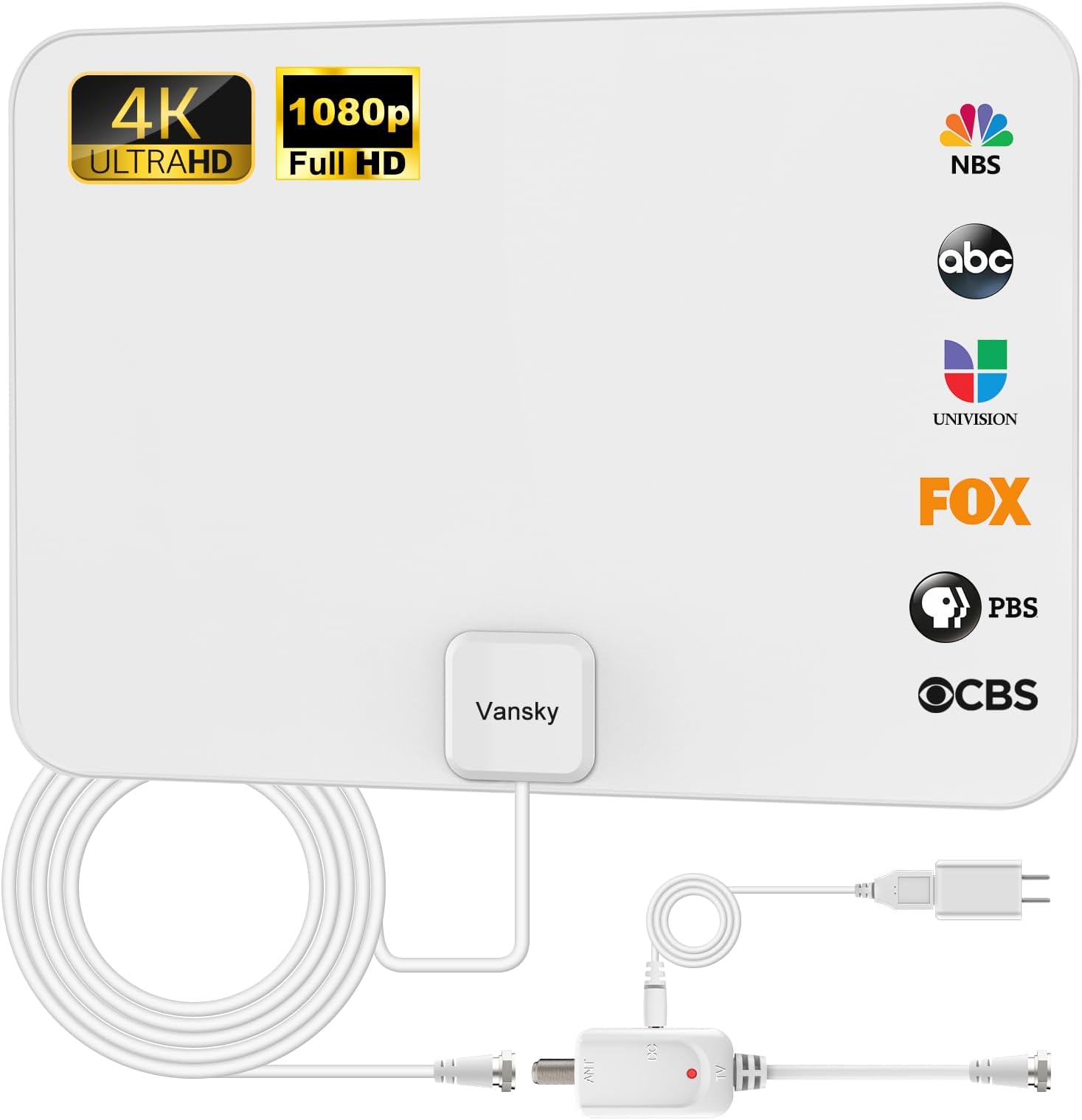 Vansky TV Antenna Indoor, Digital Amplified Indoor HDTV Antenna, 1080p VHF UHF Television Local Channels Detachable Signal Amplifier and 16.5ft Long Coax Cable(White)