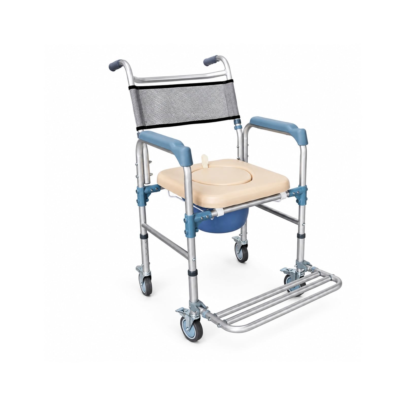 Silla 3 en 1 para Ducha, WC y Transferencias con Ruedas y Altura Regulable de 53-58 cm. Sillón Inodoro con Asiento Acolchado y Reposapiés Plegables para Personas con Movilidad Reducida y Ancianos.