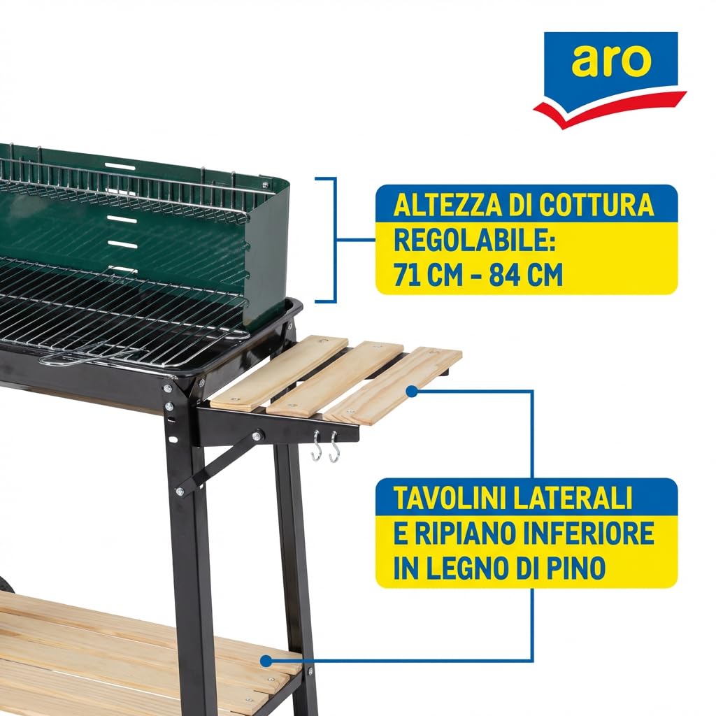 Aro Barbecue a Carbonella in Acciaio e Legno, 2 Griglie Regolabili, Tavolini Laterali, Ruote, Paravento, Verde