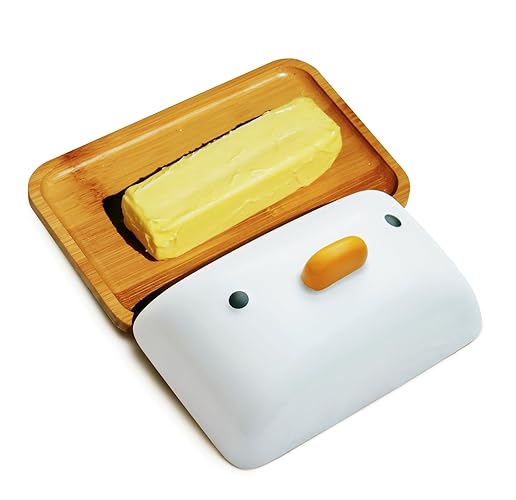 PURROOM Cute Butter Pan, Duck Butter Dishes for Countertop, Bamboo Dish with Porcelain lid. 7" x 4.7" Wooden Tray. Best Gift for Housewives.
