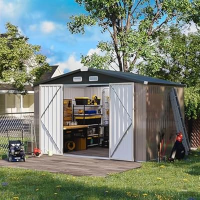 Jolydale 7.6'x9.7' Brown Outdoor Storage Shed with Base, Lockable Door, Ideal for Bikes, Tools, Lawn Mowers, Garden Metal Shed