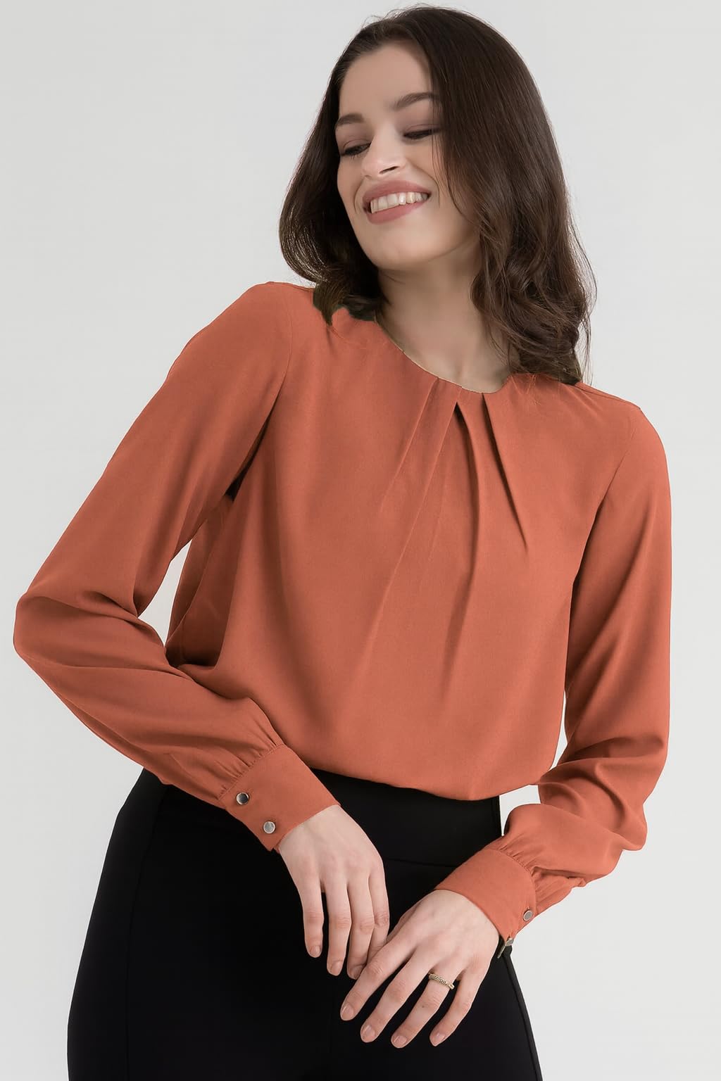 Mirana Women’s Elegant Rust Pink Cotton Blend Pleated Top | Full Sleeve Regular Fit Western Office Wear - Image 3 thumbnail