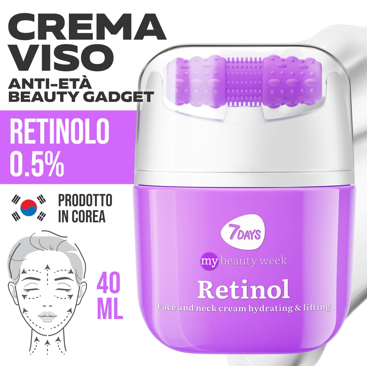 7DAYS Crema Viso e Collo Coreana Antirughe al Retinolo con Rullo Massaggiante – Effetto Lifting Rassodante e Compattezza, Azione Levigante, per Rughe e Linee Sottili, per il Doppio Mento, 40 ml