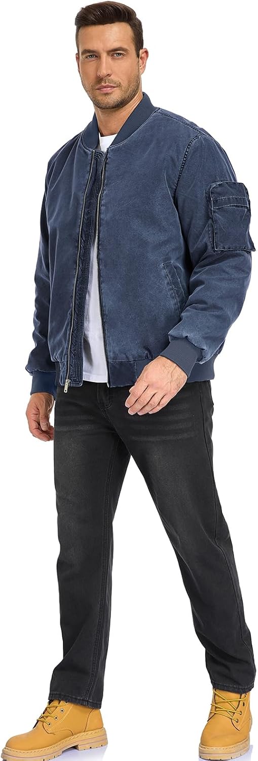 Oymyakon Mens Vintage Bomber Jacket Washed Fall Winter Warm Military Jackets Casual Padded Coats Windbreakers - Image 5