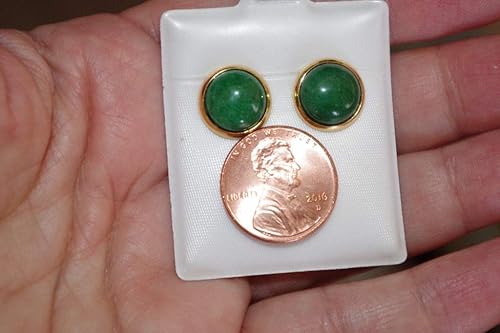 Miniatura 5 de CHINESE GREEN JADE ROUND DOME 12MM VINTAGE GENUINE 14K GF STUD EARRINGS