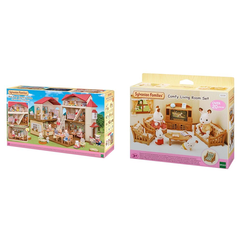 Sylvanian Families 5716 Stadthaus mit Dachzimmer - Puppenhaus & L5339 Landhaus Wohnzimmer - Puppenhaus Einrichtung Möbel, 30 x 50 cm, 1 Stück (1er Pack), aus Kunststoff