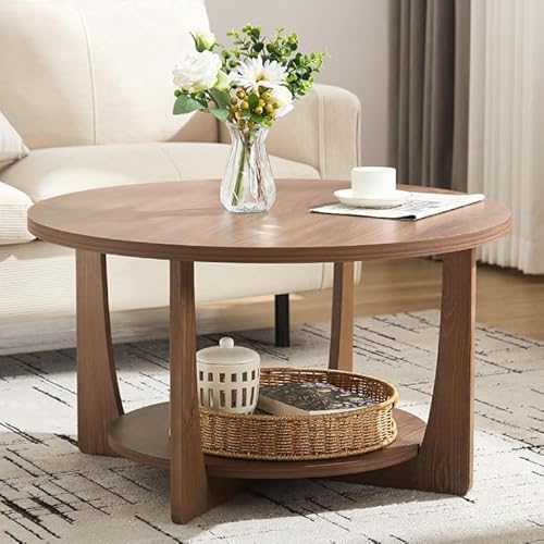 WOOW DEPOT Circular Coffee Table, 80cm Dark Walnut Timber Table with Sturdy Pine Wood Legs, 2-Tier Retro Style with Storage Shelf for Living Room