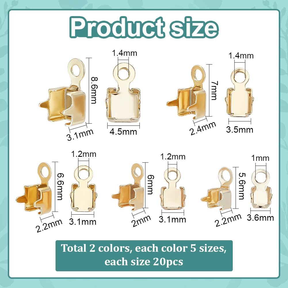 PH PandaHall 200pcs 5 Sizes Cup Chain Connectors, 14k Brass Cup Chain Ends Gold Silver Charm Pendant Connectors Terminators with Loop for Iced Out Rhinestone Chain Jewelry Making Crafts