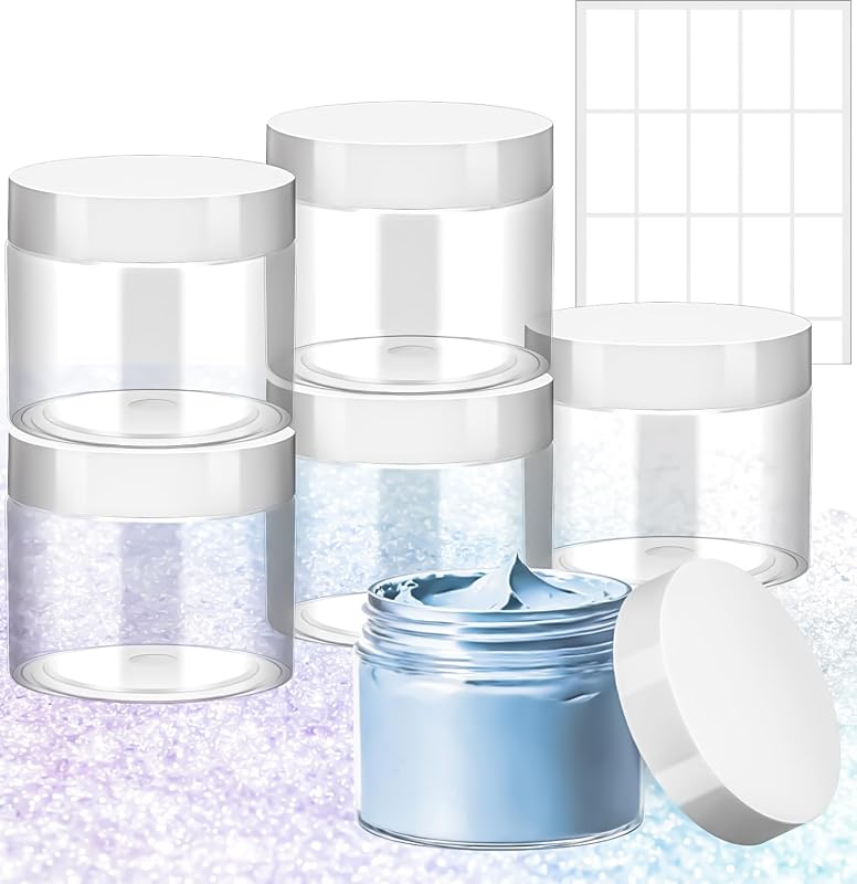 MotBach Frascos plásticos redondos transparentes com tampas brancas, 180 mL, Pacote com 6