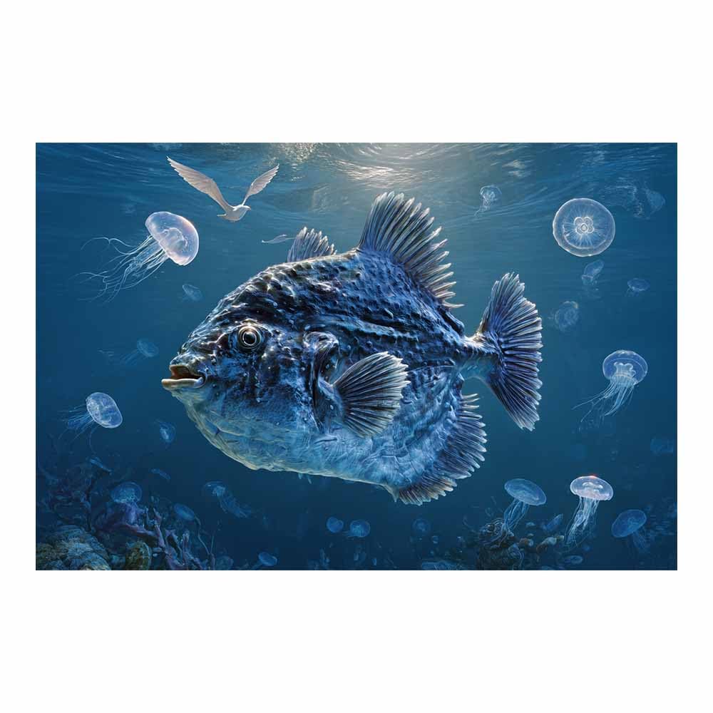HUYEEI Blue marine animals Landscapes Paintings Fish Accompanying Jellyfishs Seascape Poster Nature Print for Livings Room Hang Bedroom Bathroom Decor(blue)-70x100cm Unframed