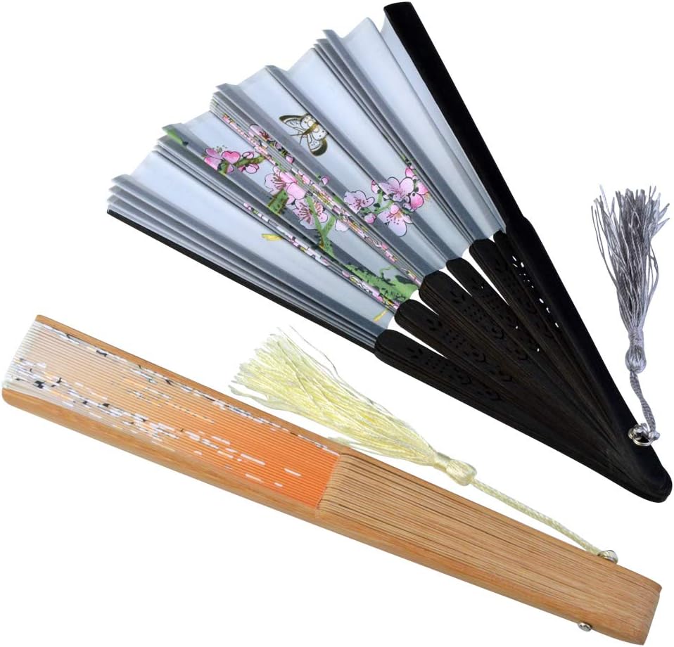 Bantoye 2 Pieces Gradient Color Handheld Fans, Silk Folding Fans with Bamboo Frames for Christmas Dancing Cosplay Wedding Party Props Decoration, Orange and Grey