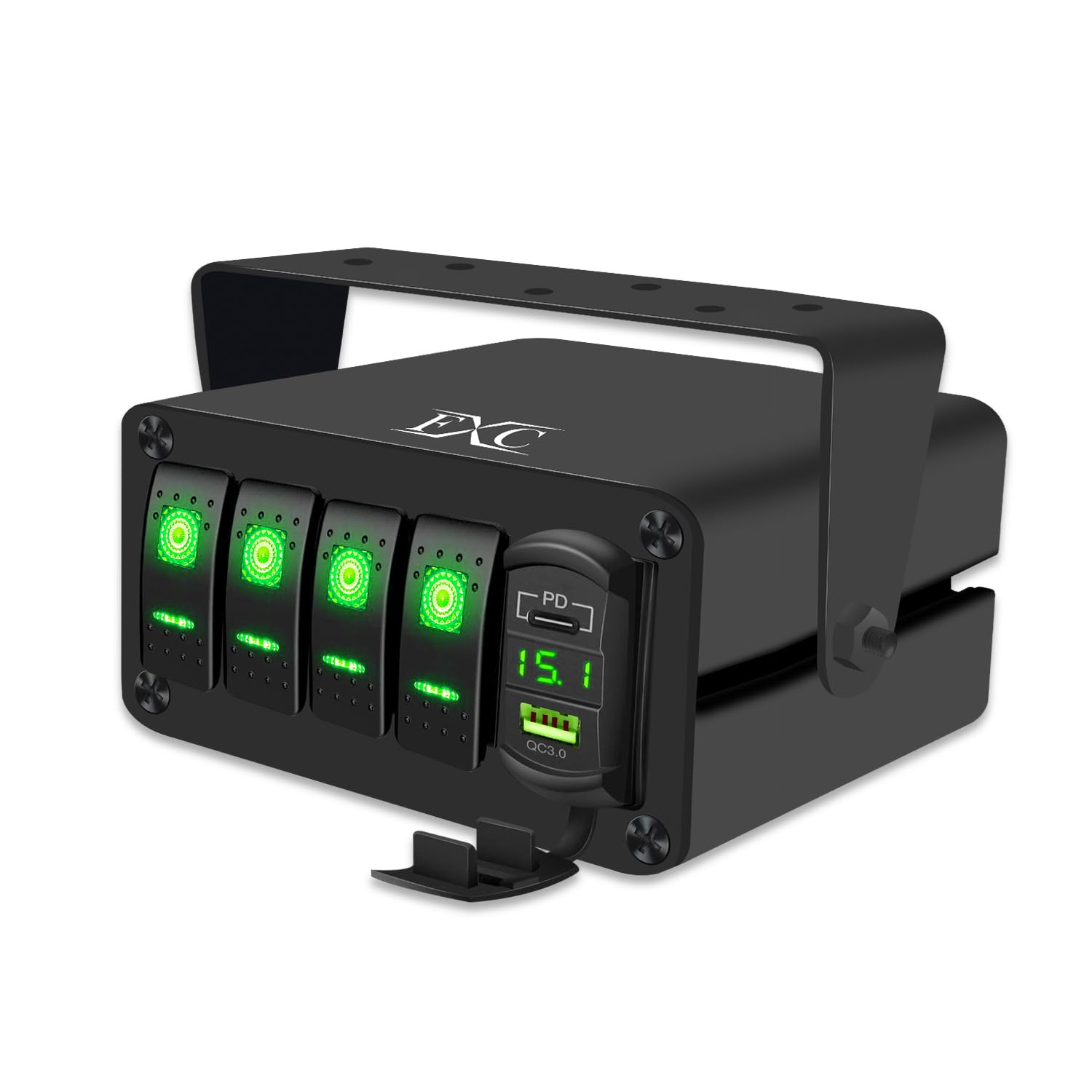 FXC 4 Gang Aluminum Rocker Switch Panel Green Backlit with PD Type C and QC 3.0 USB Charger Voltmeter Waterproof 12V 24V DC Rocker Switch Box for Car