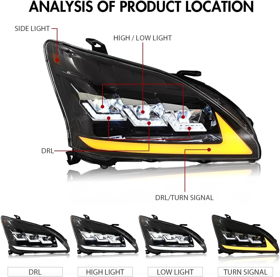 Headlights & Taillights for 2nd Gen Lexus RX330 2004-2006 RX350 2006-2009 RX400h 2006-2008 Frontlight Brake Lamp with Animation DRL Sequential Turn Signal Frontlamp Rear Back Light Left+Right