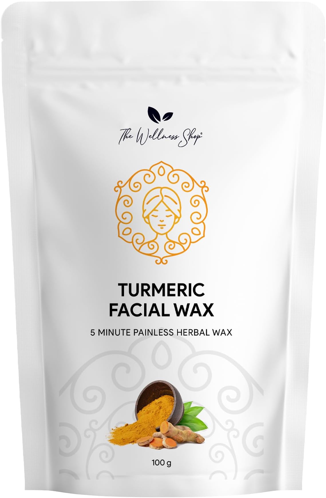 The Wellness Shop - Turmeric Facial Wax Powder - 5 minute Painless Face Hair Removal with Skin-Brightening Benefits - Upper Lips and Facial Hair Removal for Women and Girls (100gm)