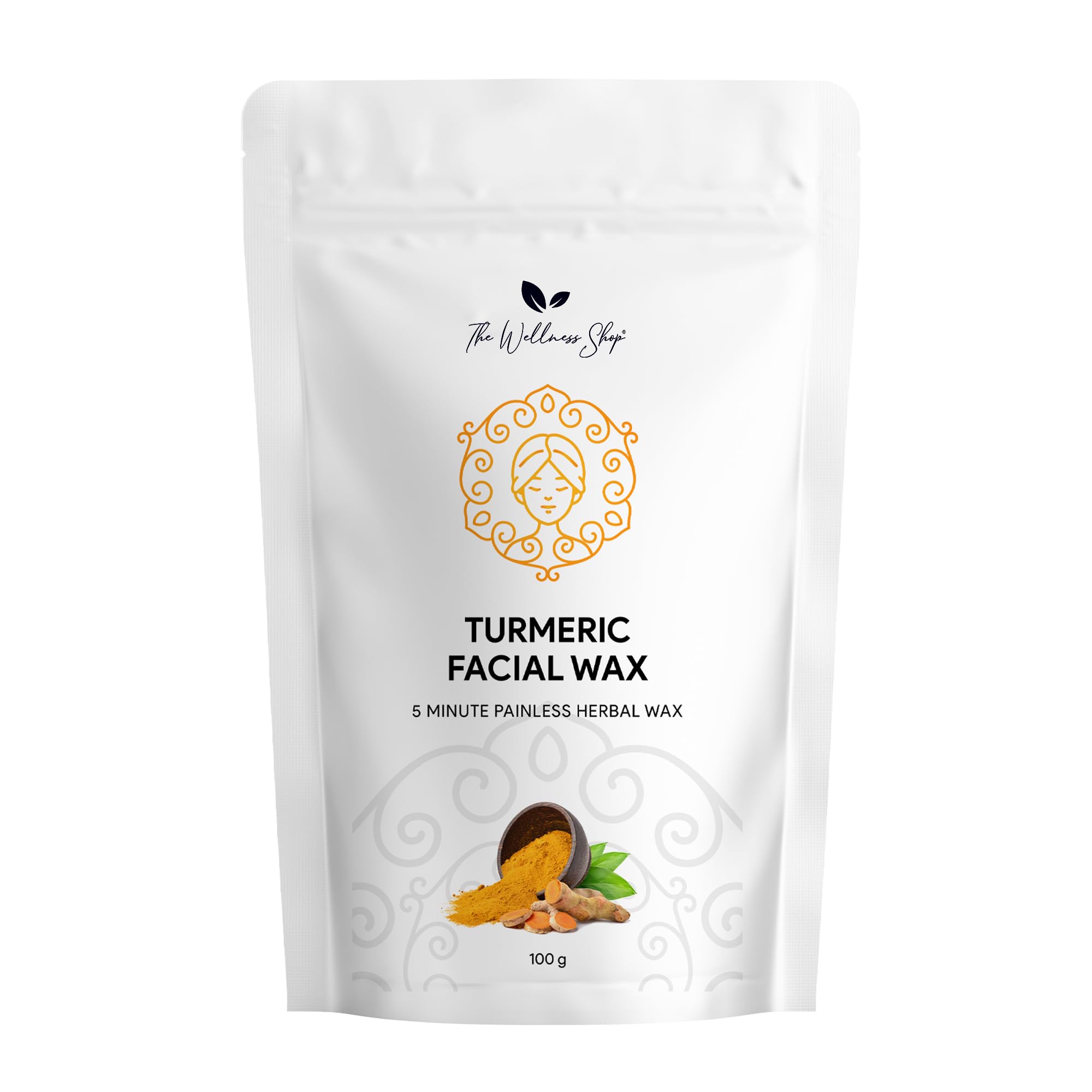 The Wellness Shop - Turmeric Facial Wax Powder - 5 minute Painless Face Hair Removal with Skin-Brightening Benefits - Upper Lips and Facial Hair Removal for Women and Girls (100gm)