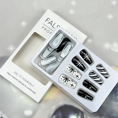 Miniatura 3 de Uñas a presión de copo de nieve medianas con diseño de ataúd negro y blanco elegantes líneas de copo de nieve para mujer uñas postizas de Navidad 24