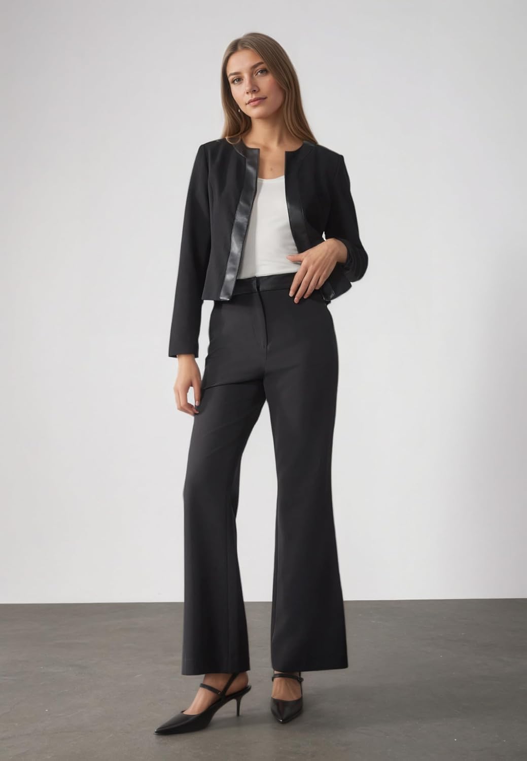 Women's Black Blazer Jacket with Faux Leather Trim, Long Sleeve, Collarless Design