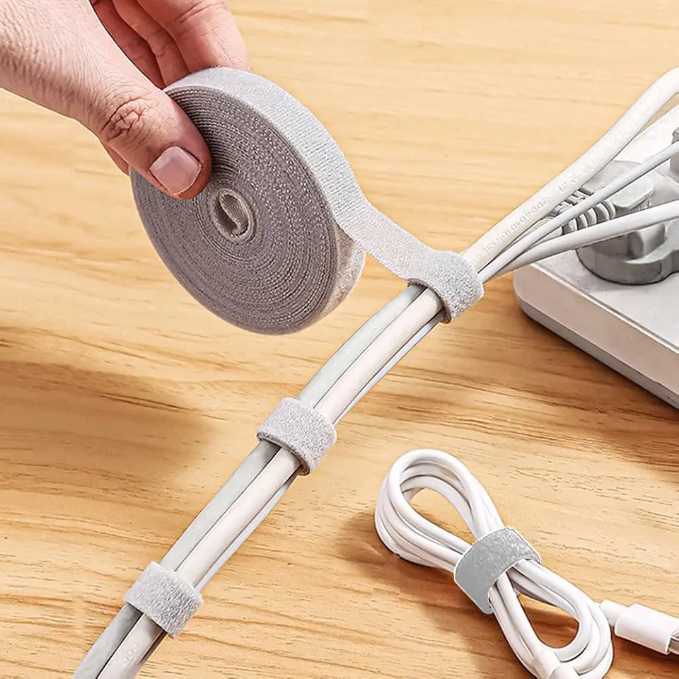 Double Sided Hook and Loop Roll Tape Self Stick No Adhesive Reusable Cable Ties Wrap for Cord Management Heavy Duty Long Wire Straps Cut to Length (Grey)