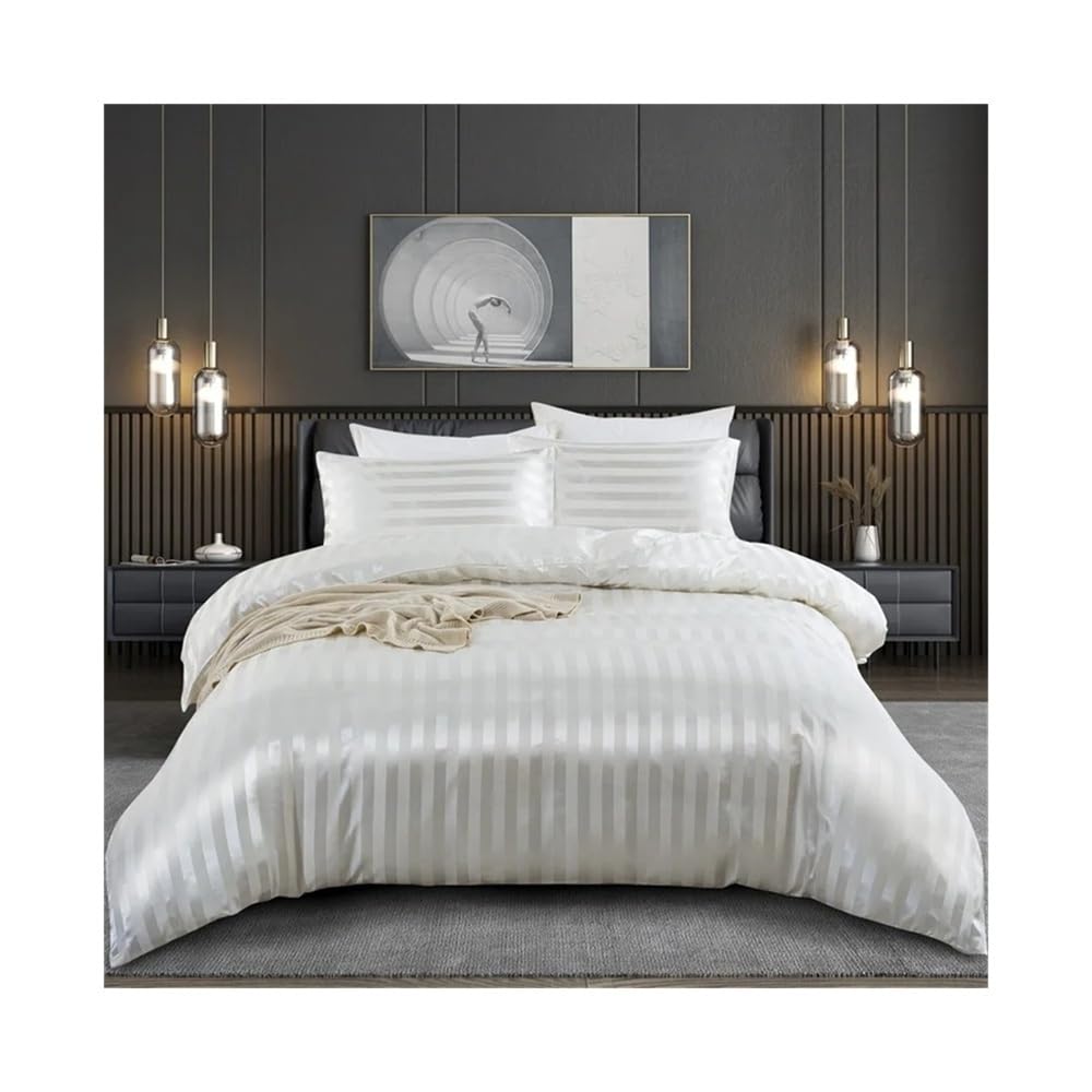 VHKJewE 3Pcs Luxury Silky Like Bedding Set Satin Striped Textured Twin/Full/Queen/King/Single/Double Size(Double 160x220cm)