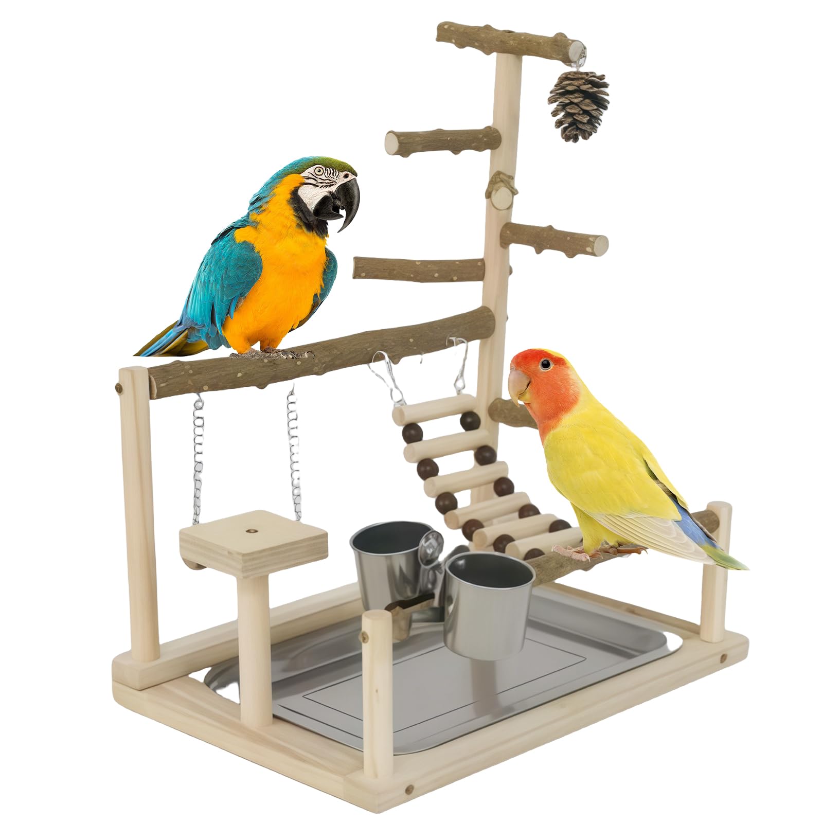 Parco giochi per pappagallo in legno, parrot Playstand, parco giochi per uccelli con scala, altalena e alimentatore, giocattolo per parrocchetti e altri uccelli, 37 x 37 x 26 cm
