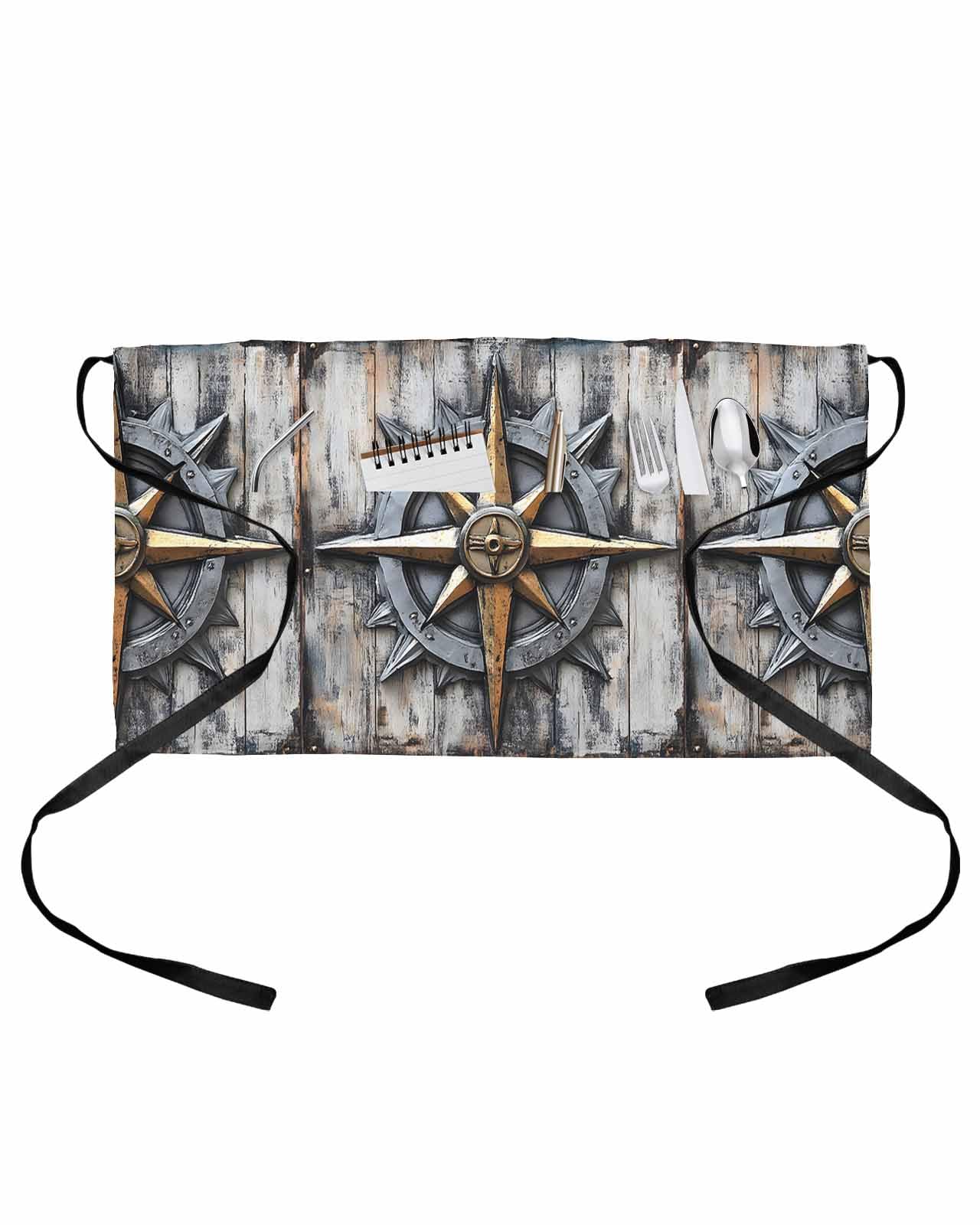 PIEPLE Retro Coastal Server Apron Waitress Aprons with 3 Pockets, Nautical Ocean Compass Summer Beach Half Waist Waiter Aprons Restaurant Chef Aprons for Women Men