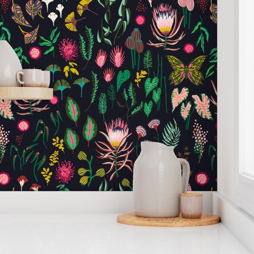 Peel & Stick Wallpaper 3ft x 2ft - Leaf Floral Study Dark Large Flowers Botanical Tropical Black Nature Custom Removable Wallpaper by Spoonflower
