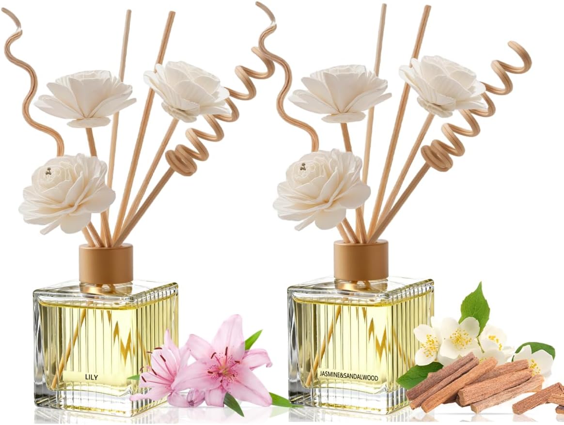 Lily & Jasmine Sandalwood Premium Reed Diffuser Duo - 2×200ml Glass Bottles with Natural Rattan Sticks | Floral & Spa-Grade Home Fragrance Set for Bedroom, Living Room, Office | Luxury Gift Collection
