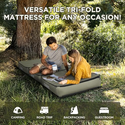 Image of Detachable Tri Folding Sleeping Pad for Camping, Ultra-Thick 5.5 Inch Air Mattress, Quick Inflate, Zipper Design for Detachment, Machine Washable, Family Pad for Camping & Traveling, Green